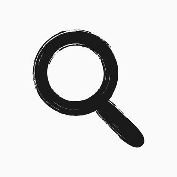 Magnifying glass drawn by hand with a rough brush. Search icon. Sketch, watercolour, grunge, paint, graffiti. Black symbol isolated on white background.