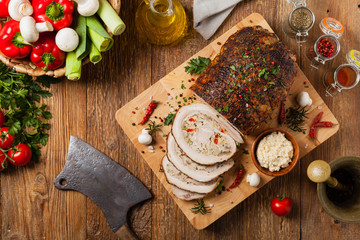 Baked whole bacon. Roulade with minced meat, mushrooms and paprika.