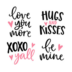Wedding or Valentines day lettering set. Black hand lettered quotes with pink hearts for greeting cards, gift tags, labels. Typography collection. Love concept. Isolated vector illustrations.