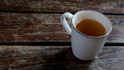 Hot tea on wood table and space for write wording, popular drink refreshment always served with hot coffee in coffee shop or restaurant, for afternoon break in meeting place or relax time