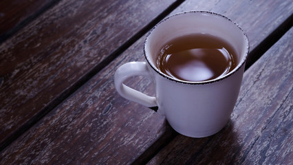 Hot tea on wood table and space for write wording, popular drink refreshment always served with hot coffee in coffee shop or restaurant, for afternoon break in meeting place or relax time
