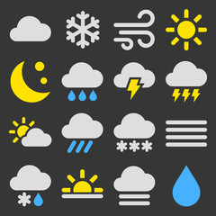 Weather Icons Set on Black Background. Vector