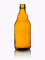 empty beer bottle from dark glass without cover with reflection isolated on a white background
