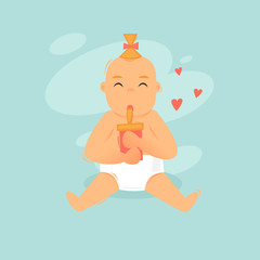 Baby is drinking from the bottle. Flat design vector illustration