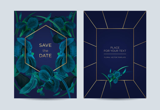Invitation card in baroque floral style. Irises on a blue background. It can be used as a template for weddings, special events, concerts and exhibitions.