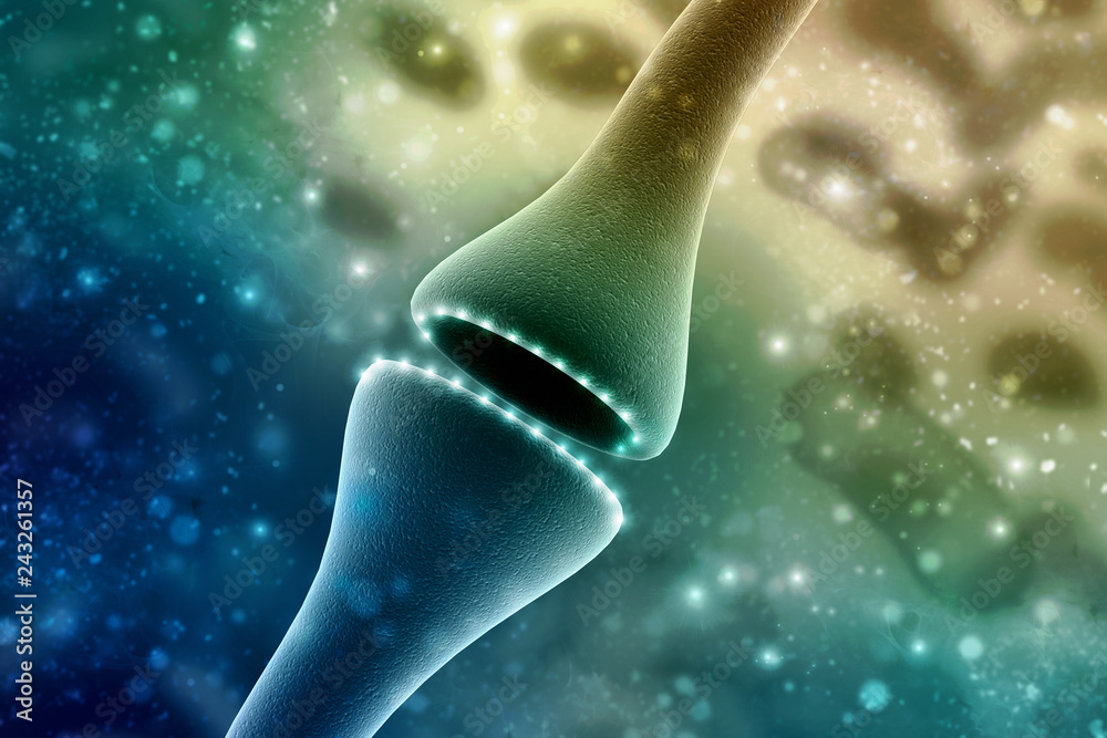 Wall mural synapse and neuron cells sending electrical chemical signals. 3d rendering
