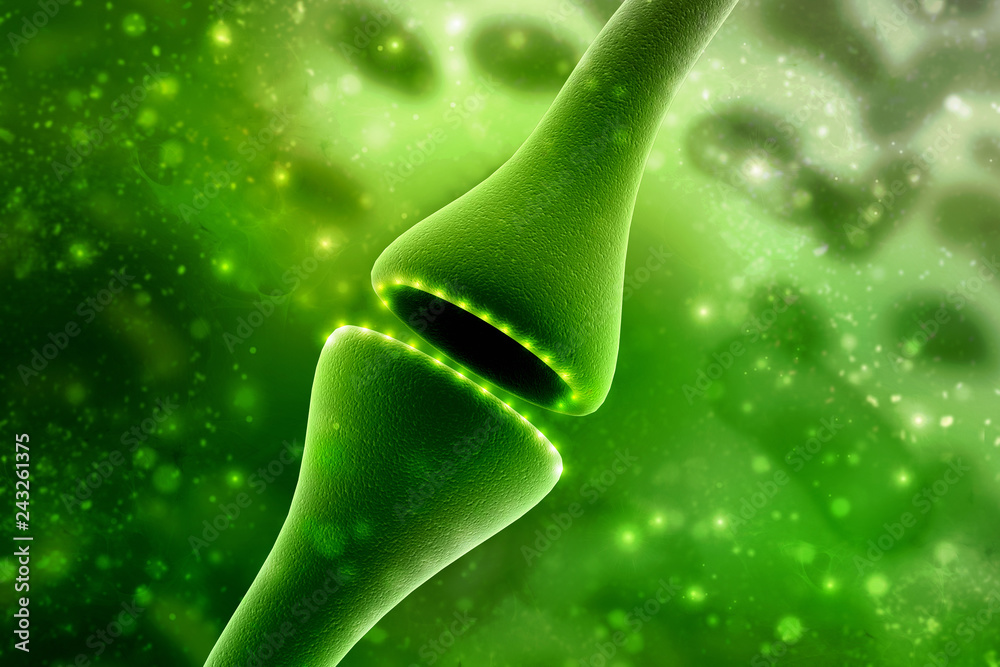 Wall mural synapse and neuron cells sending electrical chemical signals. 3d rendering