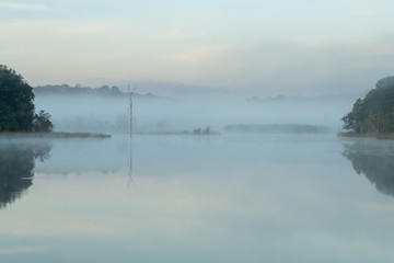 Morning mist hang low over lake during winter at wildlife conservation park in Thailand
