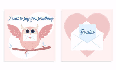Cute pink owl who brought a love letter. Colorful vector illustration template for greeting cards.