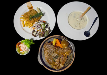 Beef steak set with steak fish and mushroom soup