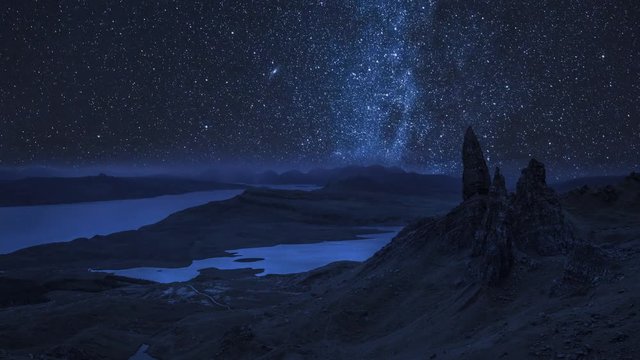 Milky way over Old Man of Storr at night, Scotland, UK
