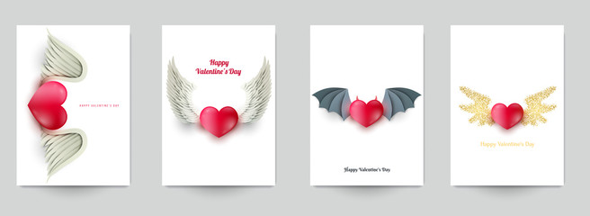 Happy valentine's day beautiful design template. Minimal composition with 3d heart and wings. Set holiday background for branding greeting card, banner, cover, flyer or poster. Vector illustration.