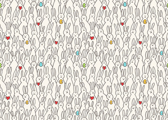 Funny bunny seamless pattern. Illustration of cute easter bunnies with easter eggs and hearts. Bright easter background for textile, fabric, covers, scrapbooking, wallpapers, print, gift wrapping.