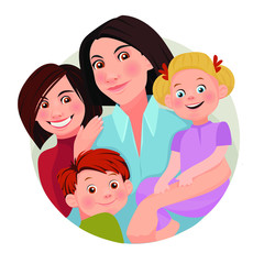 Mom is hugging three children. Happy large families. Vector illustration.