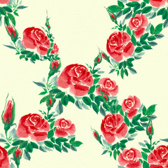 Flowers roses,buds and leaves on a watercolor background.Seamless background.Collage of flowers and leaves. Chinese brush drawing on rice paper.Use printed materials, signs, objects, websites, maps.