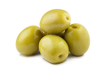 Delicious green olives, isolated on white background