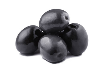 Delicious black olives, isolated on white background