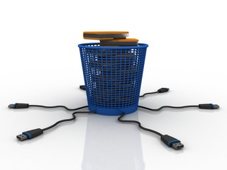 3d rendering folder with documents in recycle bin connected usb port