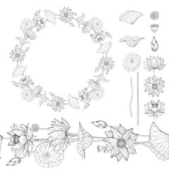 Black and white Wreath and seamless brush from lotus flower, botanical design elements