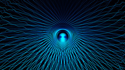 Effect of depth of round virtual tunnel. Bid Data stream visualization. Technology banner for business web presentation. Abstract science fiction futuristic background. 3D rendering.