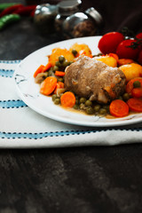 Beef meat stewed with potatoes-Traditional French cuisine Beef Bourguignon potatoes carrots in persillade