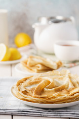 Blini, traditional homemade Russian thin pancakes and tea.