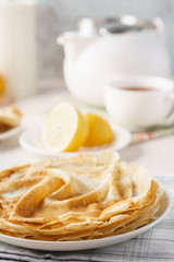 Blini, traditional homemade Russian thin pancakes and tea.