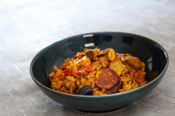Prawn with rice - closeup of prawn with rice - traditionnal spanish food paella
