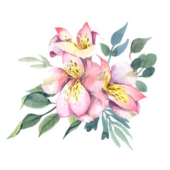 Watercolor  Bouquet of peony and blosom flowers isolate in white background for wedding, invitation, valentine cards and prints