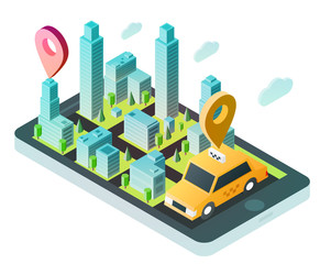 Obraz premium 3d isometric smartphone with smart city map and yellow taxi. Design concept for mobile gps or tracking navigation application. Vector infographic template.