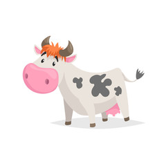 Cartoon white spotted cow. Farm funny animal isolated on white background. Flat trendy style. Vector illustration.
