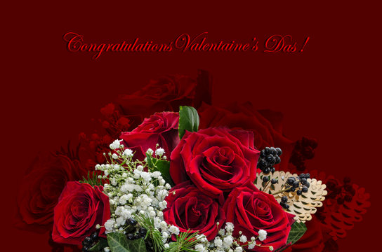 Bouquet of red roses, twigs with white small flowers and black berries and congratulations on a burgundy background




