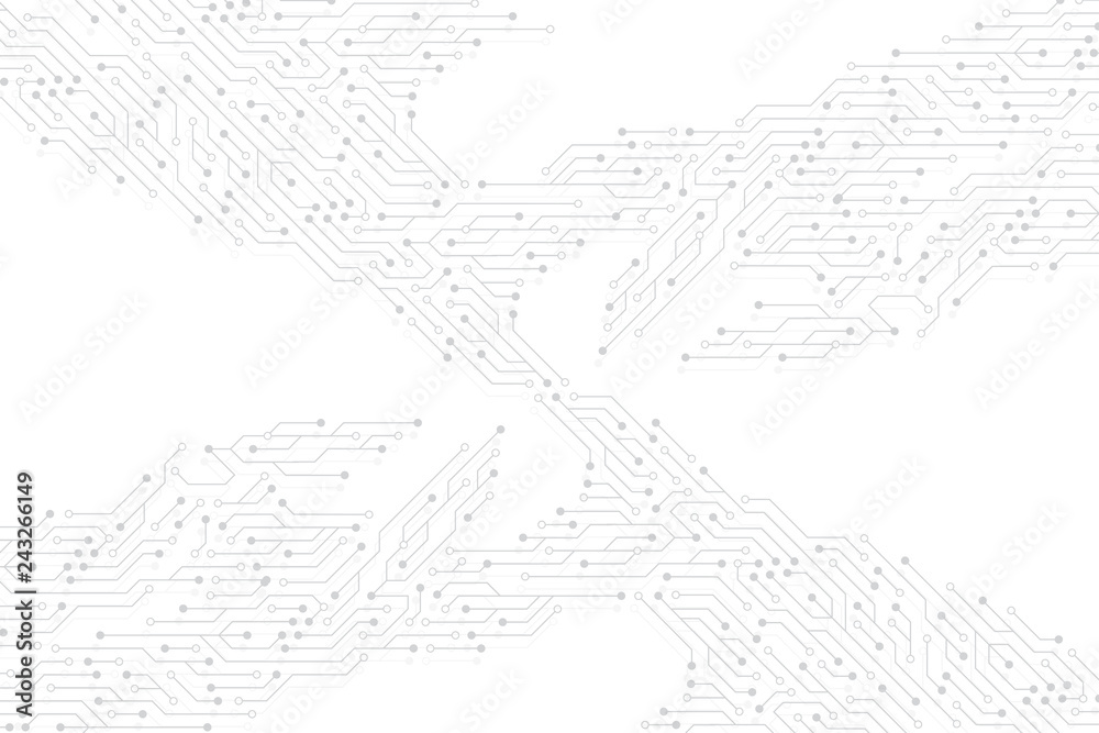 Poster Computer motherboard vector background with circuit board electronic elements. Electronic texture for computer technology, engineering concept. Motherboard integrated computing illustration