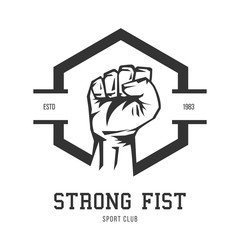 Fist silhouette. Template for bodybuilding and sport fitness logo, label, emblem, badge or branding design in retro, vintage style. Vector illustration.