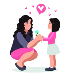 Daughter gives a flower to mom. Vector illustration of a flat design.