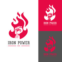 Fist silhouette with fire flames. Template for bodybuilding and sport fitness logo, label, emblem, badge or branding design in retro, vintage style. Vector illustration.
