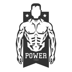 Silhouette of muscular man. Template for bodybuilding and sport fitness logo, label, emblem, badge or branding design in retro, vintage style. Vector illustration.