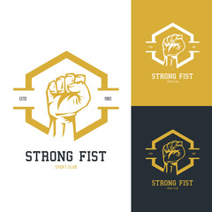 Fist silhouette. Template for bodybuilding and sport fitness logo, label, emblem, badge or branding design in retro, vintage style. Vector illustration.