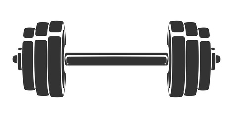 Vector hand drawn silhouette of dumbbell isolated on white background. Template for sport icon, symbol, logo or other branding. Modern retro illustration.