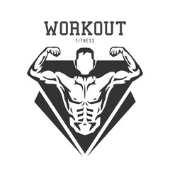 Silhouette of muscular man. Template for bodybuilding and sport fitness logo, label, emblem, badge or branding design in retro, vintage style. Vector illustration.