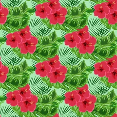 Schilderijen op glas Exotic seamless pattern with tropical flowers and leaves. Banana leaves and hibiscus flower. Floral background with exotic leaves and flowers. © Natallia