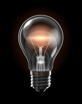 Transparent glowing bulb with a yellow filament of incandescence on a black background. Highly realistic illustration.
