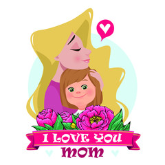 Mother's love.Mom's hug. Mom and son.Vector illustration. Card on Mother's Day