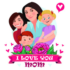 Mother hugs three children. Mother's love. Mom's hug. Vector illustration. Card on Mother's Day