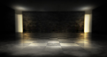 Background of an empty dark room. Empty walls, neon light, smoke, glow 