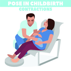 Pose in childbirth. Birth pains. Relief of labor pains. Vector illustration.