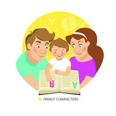 Obraz premium Teaching child to read. Family characters. Vector illustration.