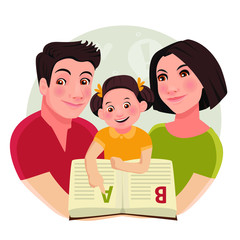 Fototapeta premium Teaching child to read. Family characters. Vector illustration.