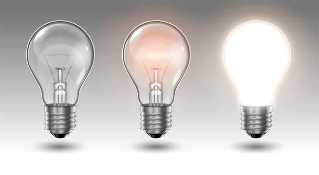 Three transparent light bulbs, one of which is off, while the others are lit with different brightness on a light background. Highly realistic illustration.