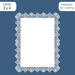 Laser cut wedding invitation card template with openwork border.  Cut out the paper card with lace pattern.  Greeting card template for cutting plotter. Vector.